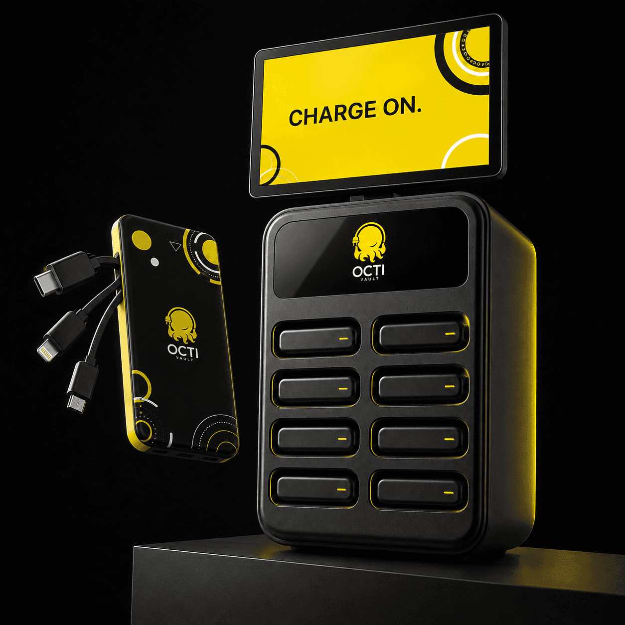 Concept illustration of a graphite rental station and portable power bank